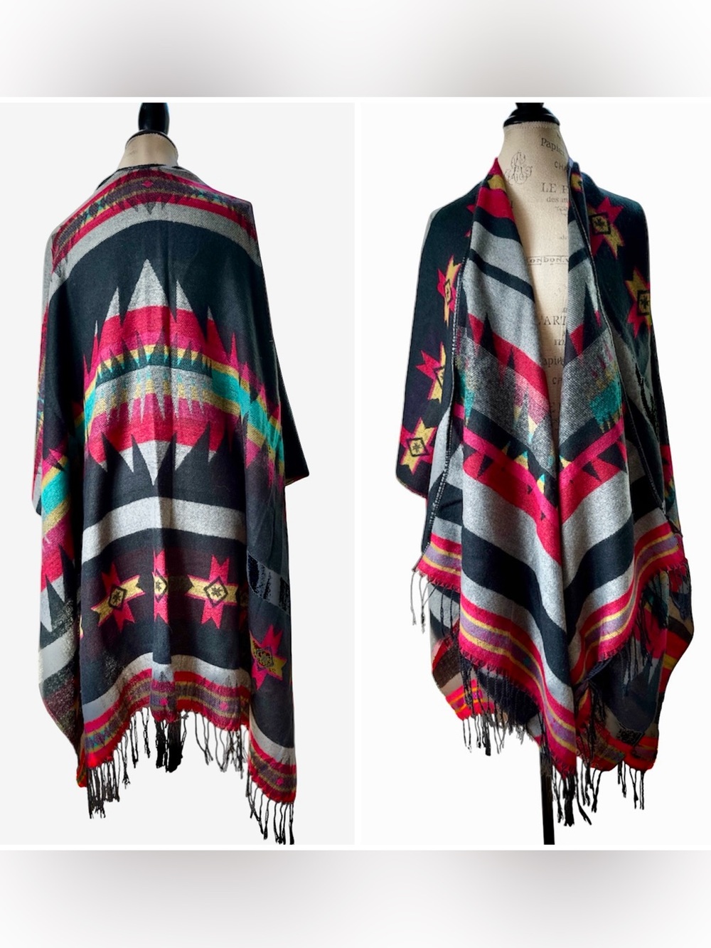 Charlie Paige Tribal blanket style Aztec western reversible wrap poncho OS